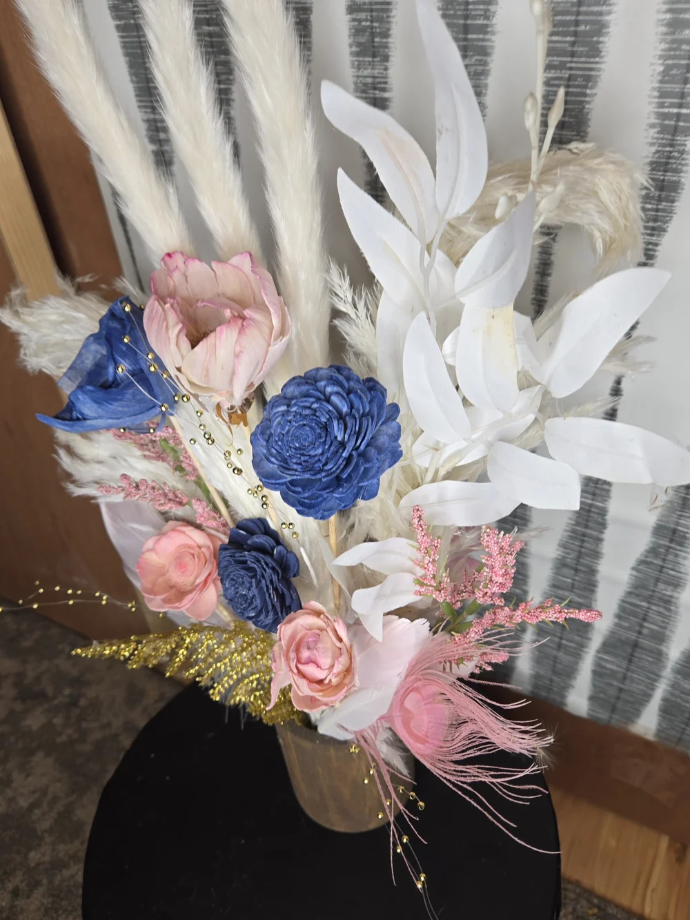 Navy Blue & Blush Pink Sola Wood Flower Arrangement with Feathers + Wood Vase